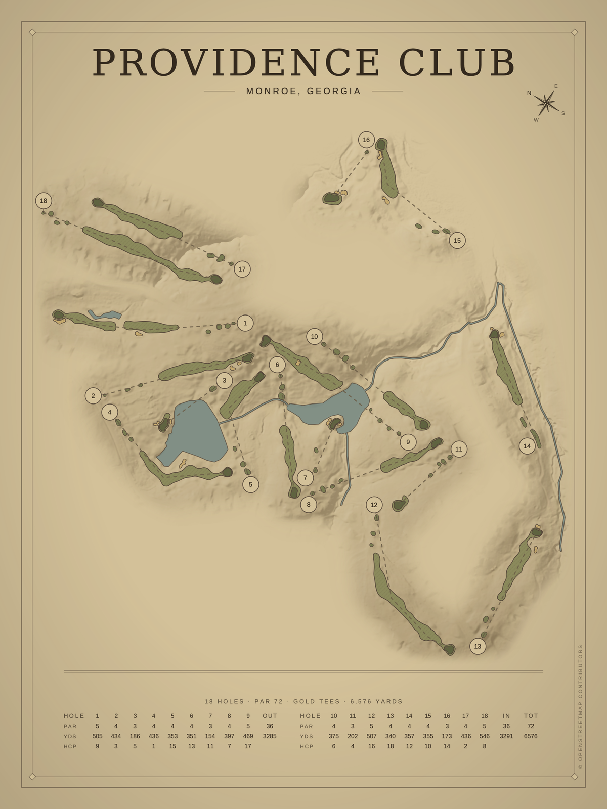 Providence Club course map poster, Vintage style, 12×16 / 18×24
