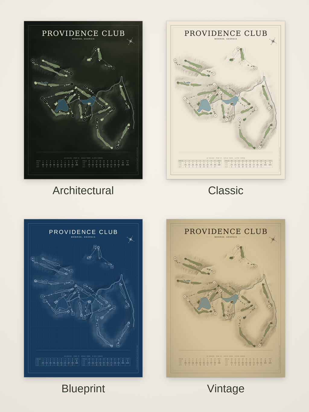 Providence Club course map poster in four styles: Architectural, Classic, Blueprint and Vintage