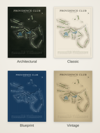 Providence Club course map poster in four styles: Architectural, Classic, Blueprint and Vintage