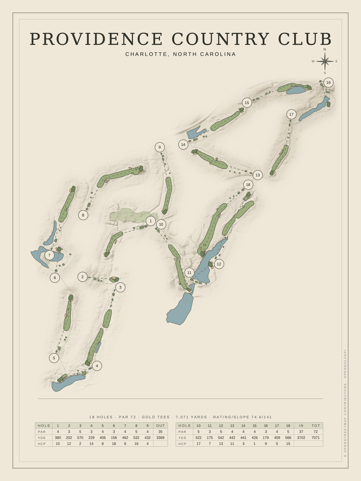 Providence Country Club course map poster, Classic style, 12×16 / 18×24