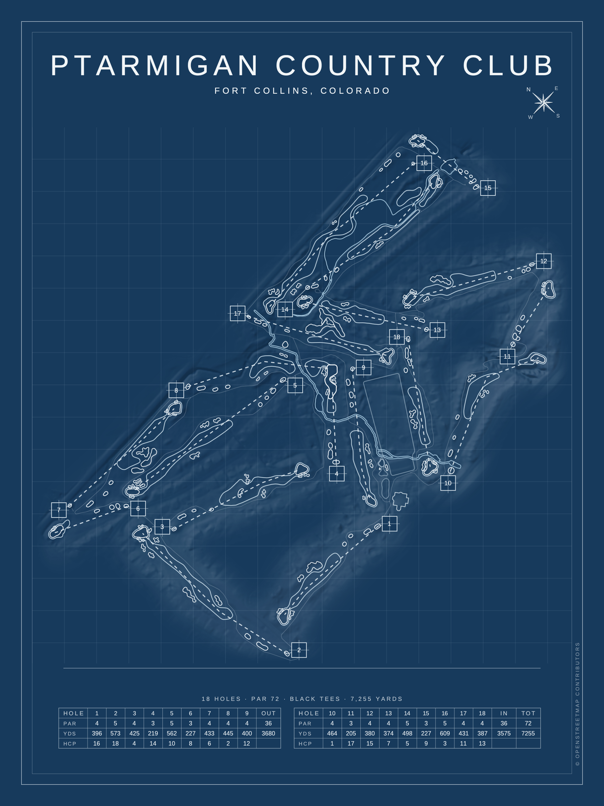 Ptarmigan Country Club course map poster, Blueprint style, 12×16 / 18×24