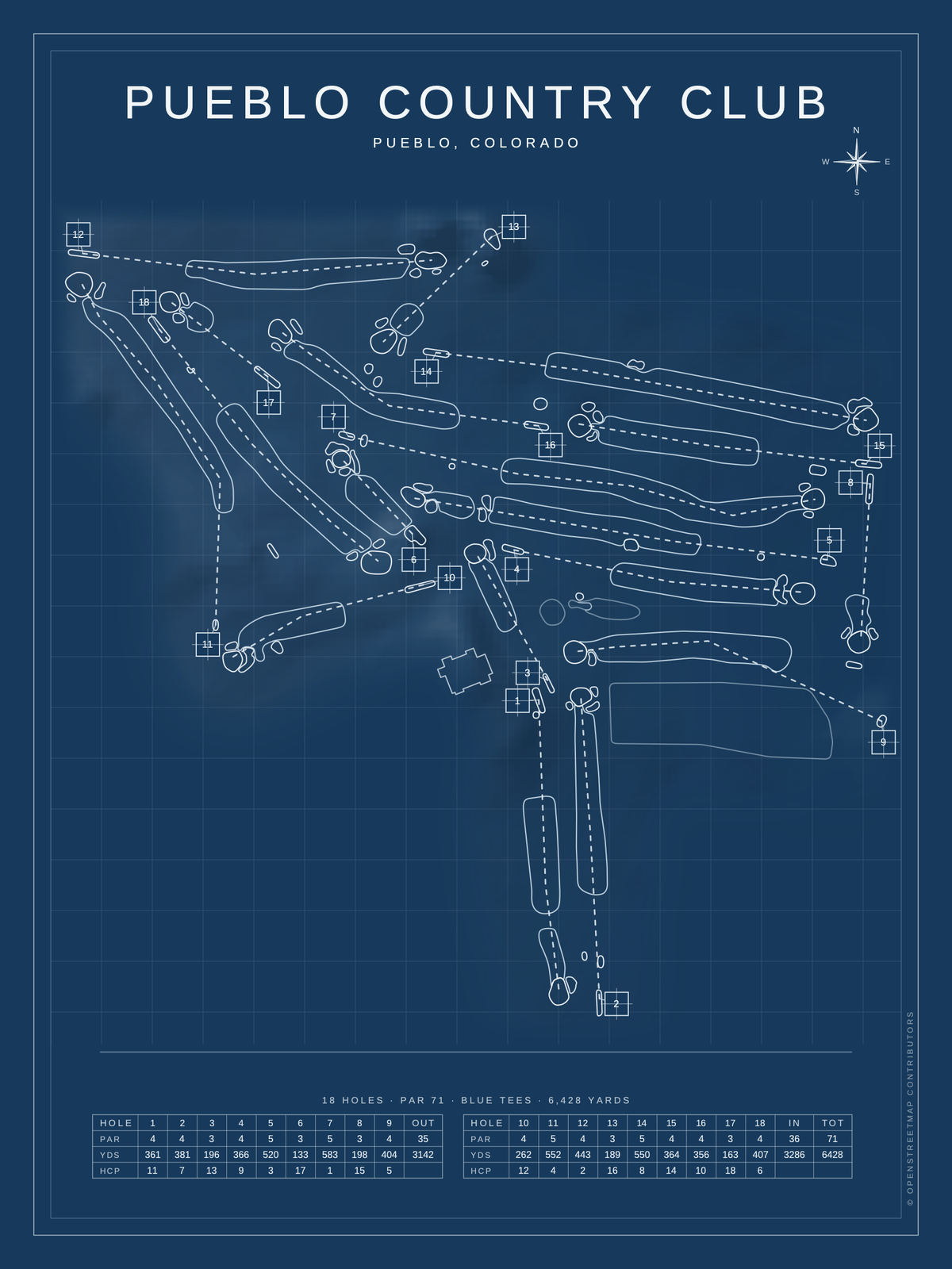 Pueblo Country Club course map poster, Blueprint style, 12×16 / 18×24