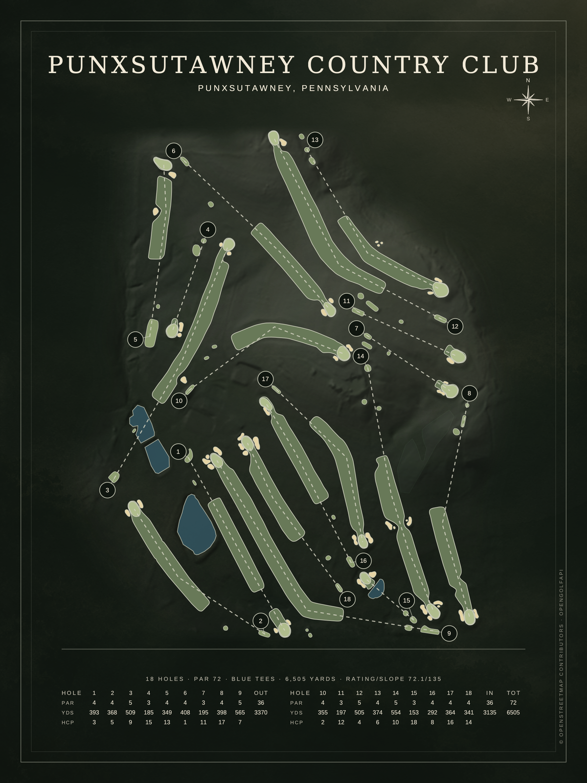 Punxsutawney Country Club course map poster, Architectural style, 12×16 / 18×24