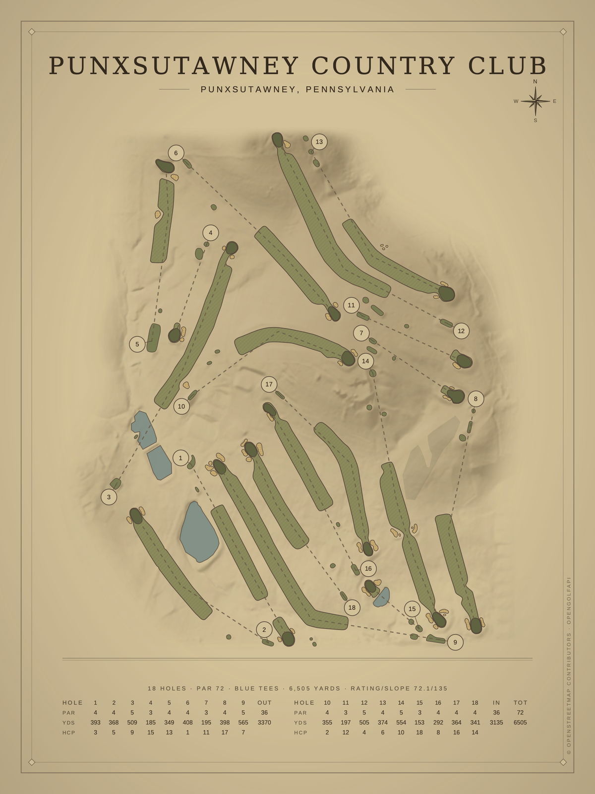 Punxsutawney Country Club course map poster, Vintage style, 12×16 / 18×24