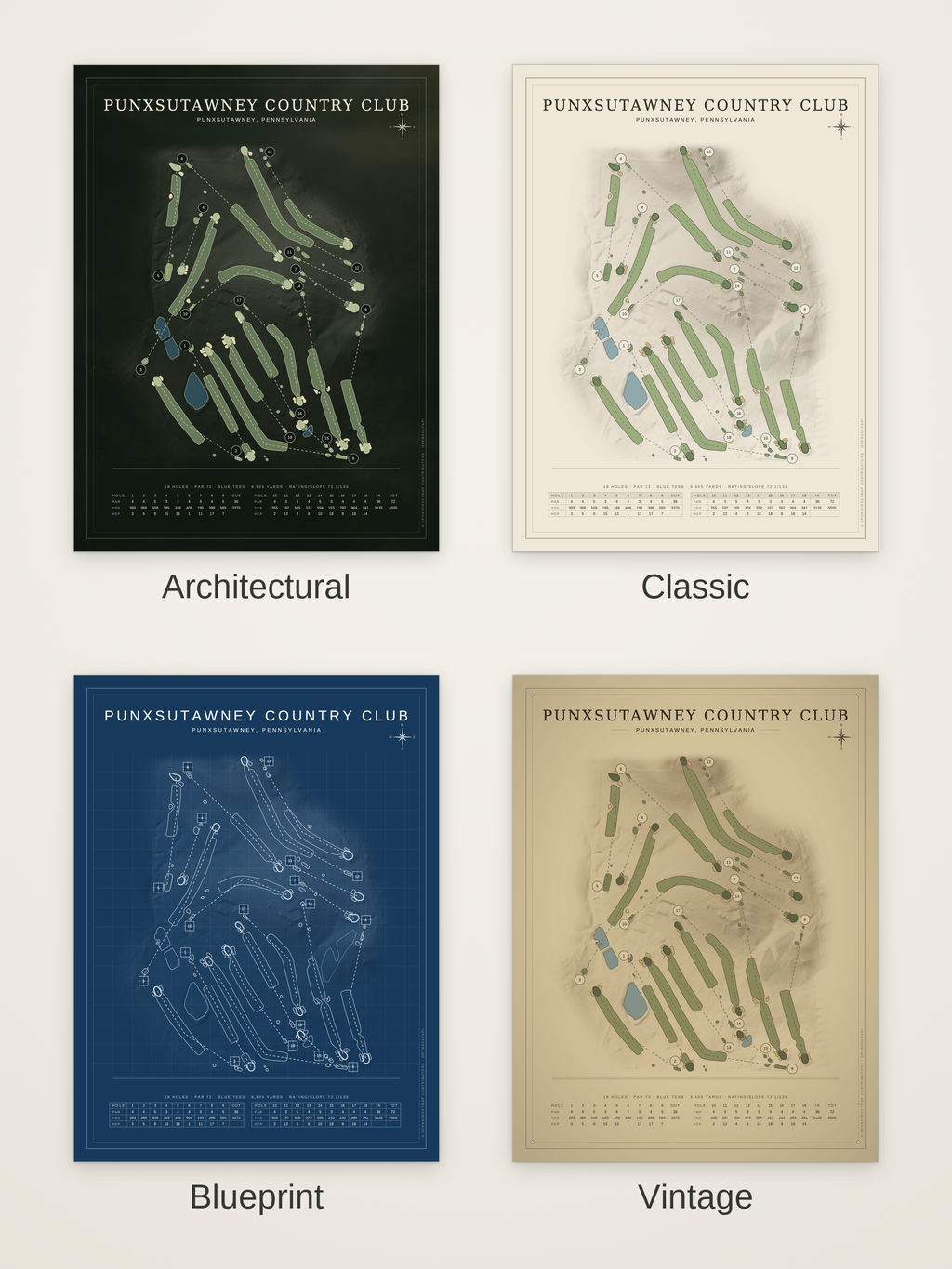 Punxsutawney Country Club course map poster in four styles: Architectural, Classic, Blueprint and Vintage