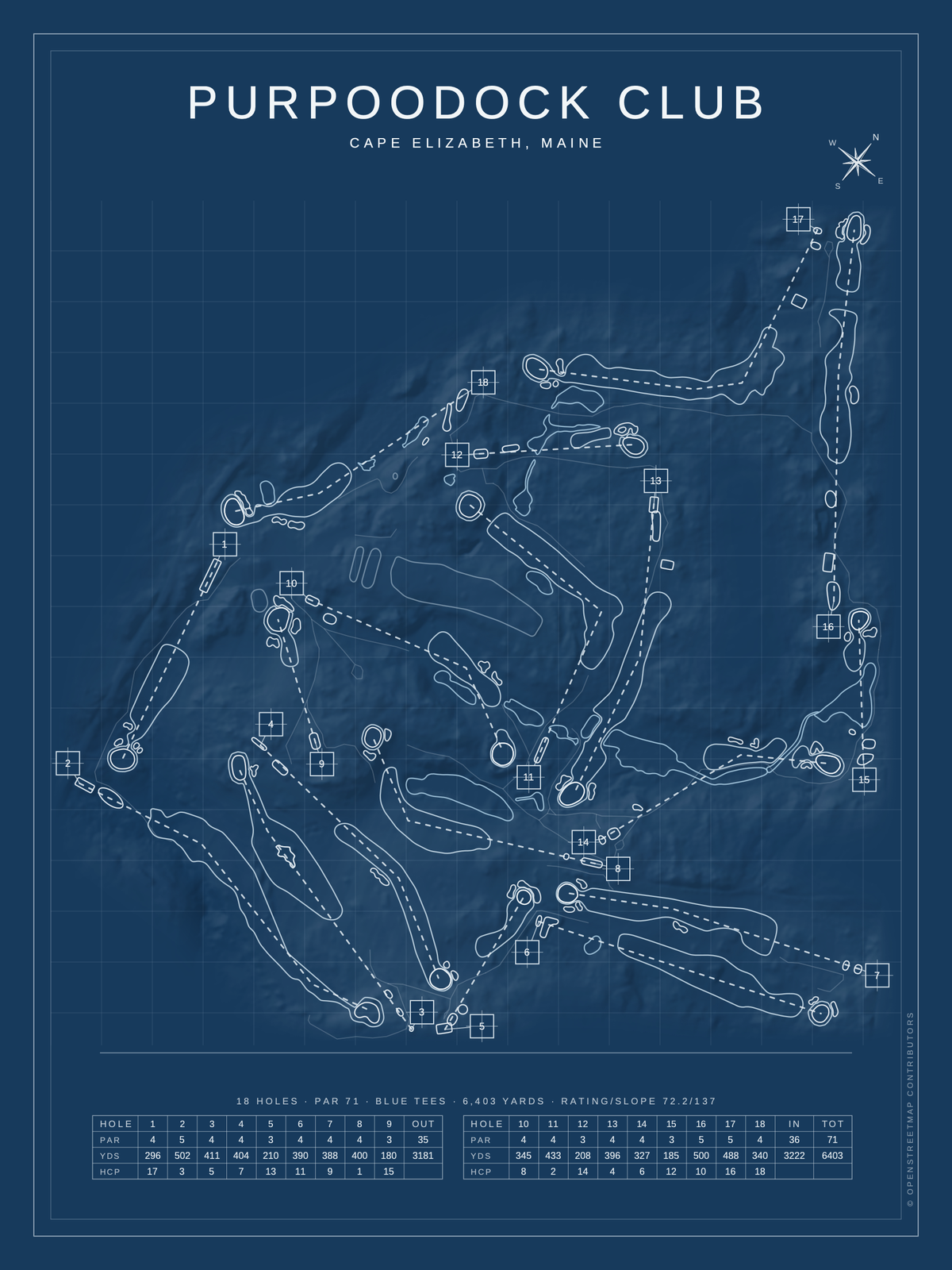 Purpoodock Club course map poster, Blueprint style, 12×16 / 18×24
