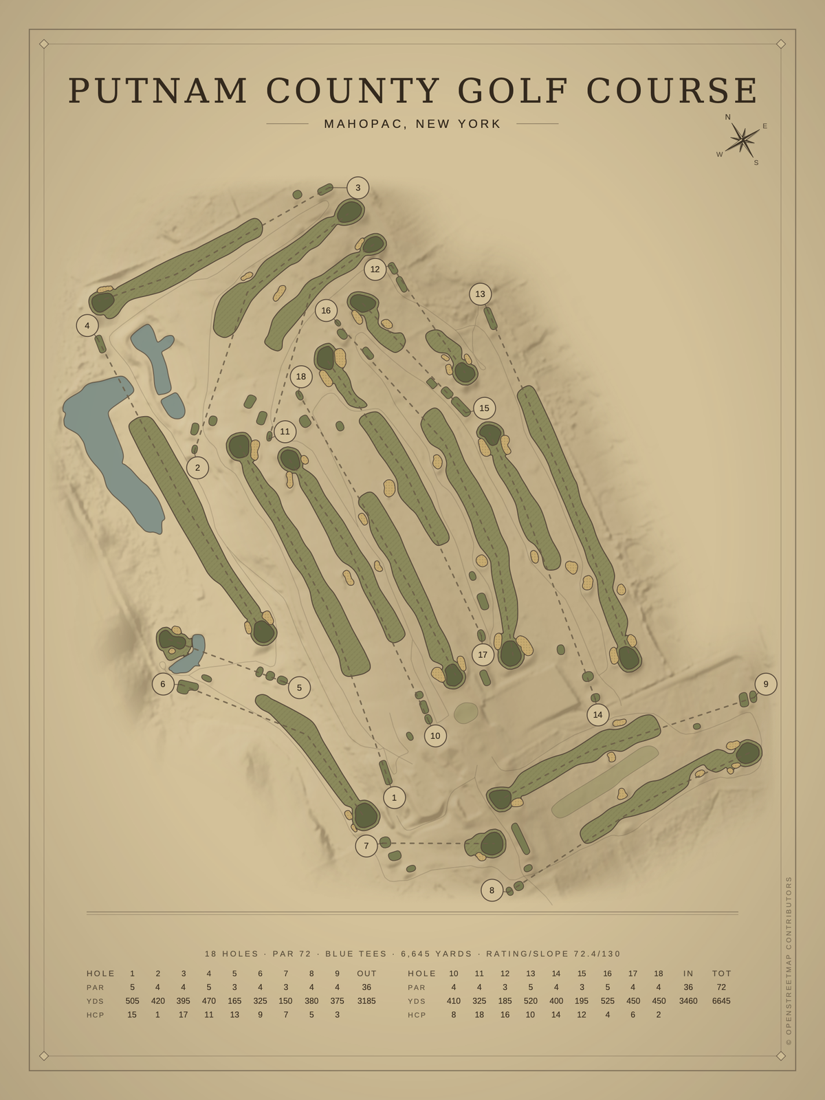 Putnam County Golf Course map poster, Vintage style, 12×16 / 18×24