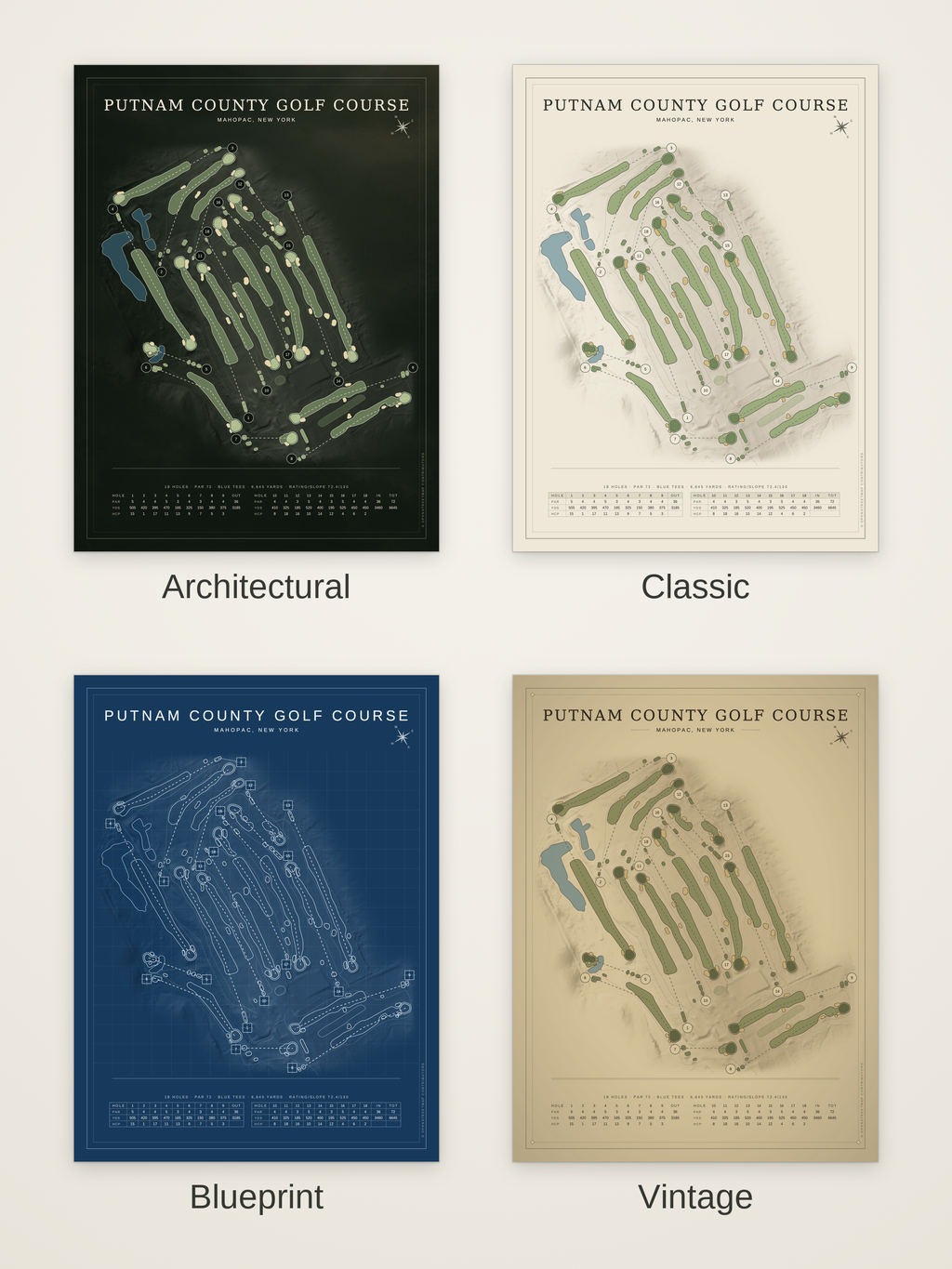 Putnam County Golf Course map poster in four styles: Architectural, Classic, Blueprint and Vintage