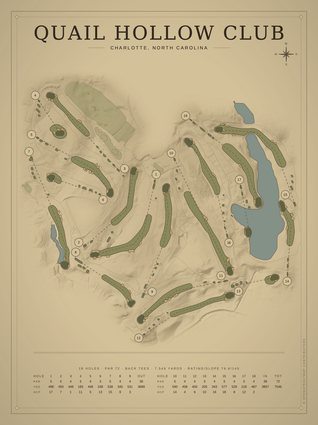 Quail Hollow Club course map poster, Vintage style, 12×16 / 18×24