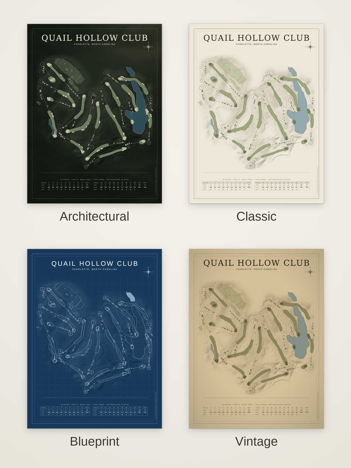 Quail Hollow Club course map poster in four styles: Architectural, Classic, Blueprint and Vintage