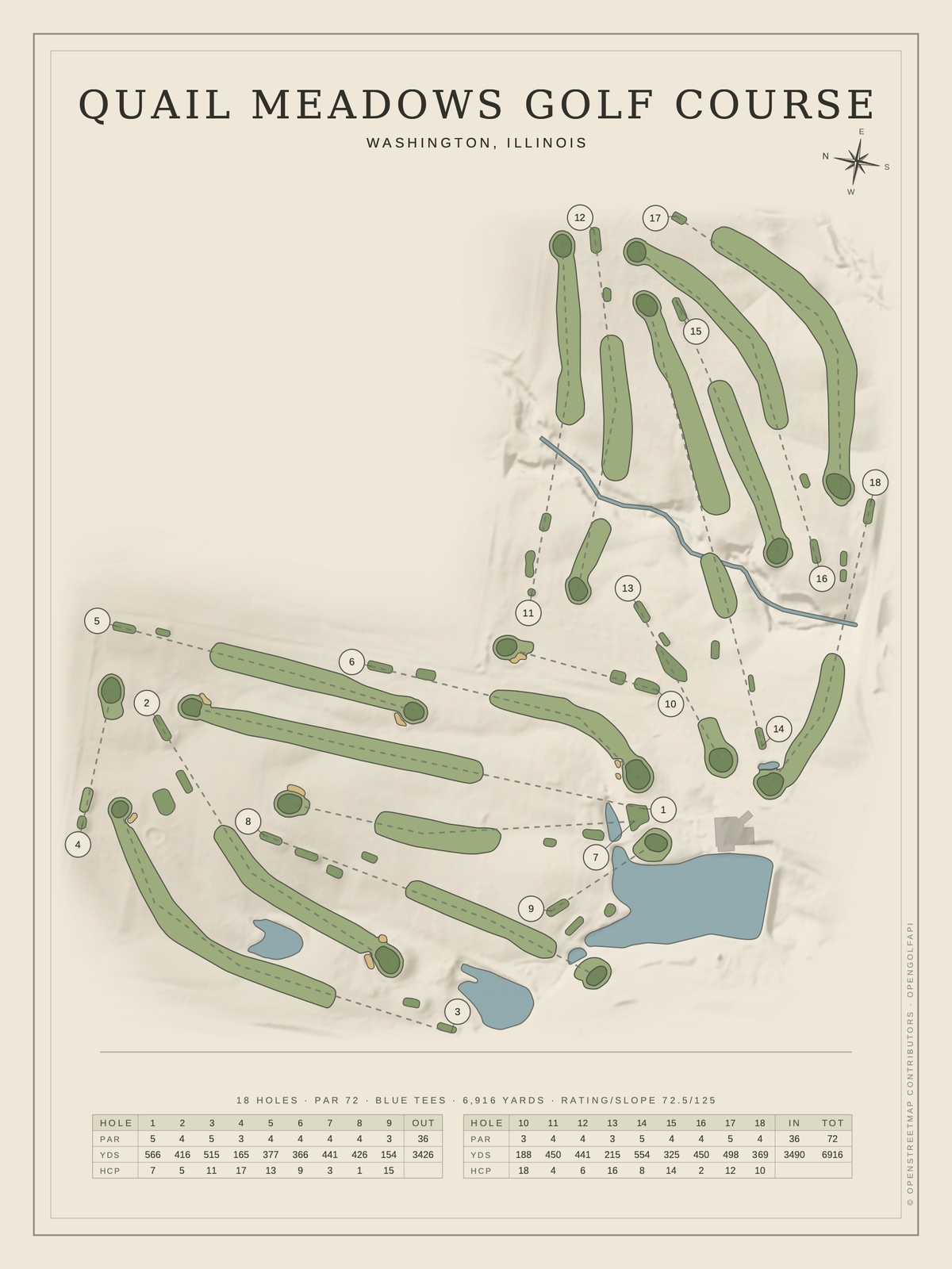 Quail Meadows Golf Course map poster, Classic style, 12×16 / 18×24