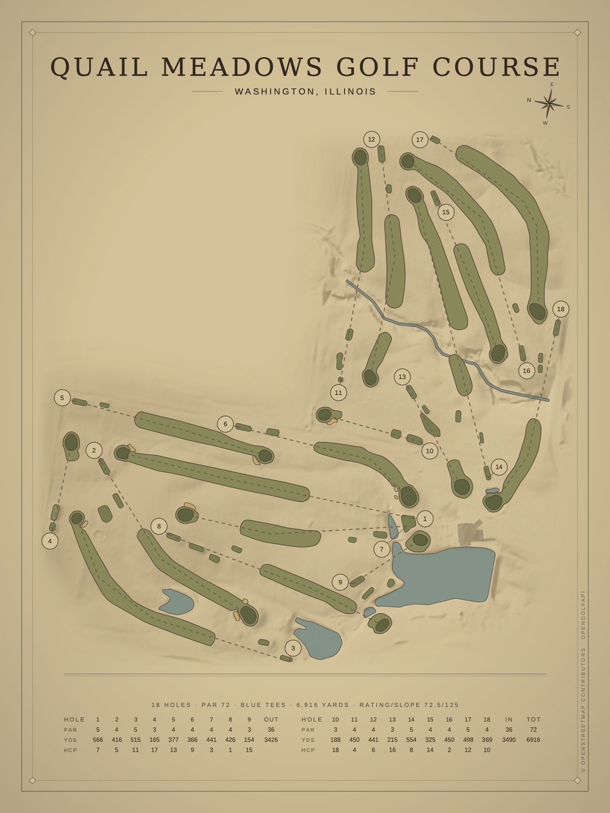 Quail Meadows Golf Course map poster, Vintage style, 12×16 / 18×24