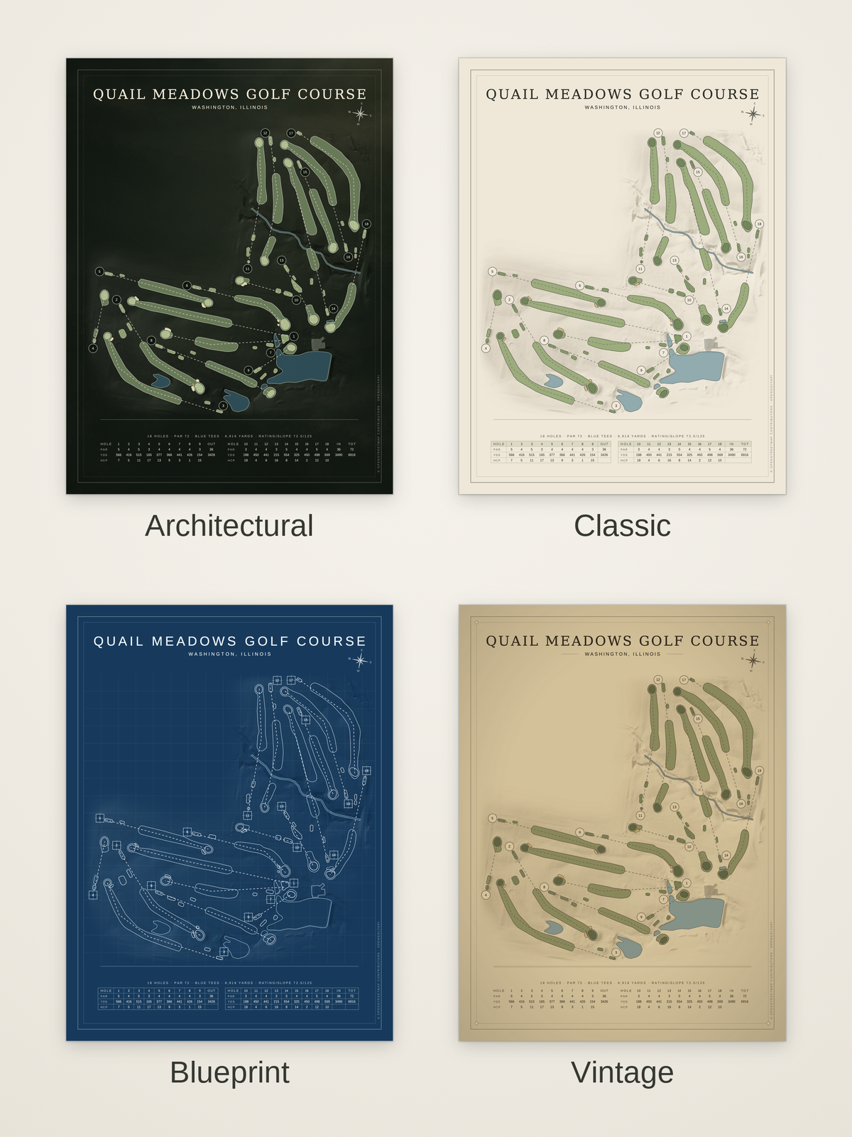 Quail Meadows Golf Course map poster in four styles: Architectural, Classic, Blueprint and Vintage