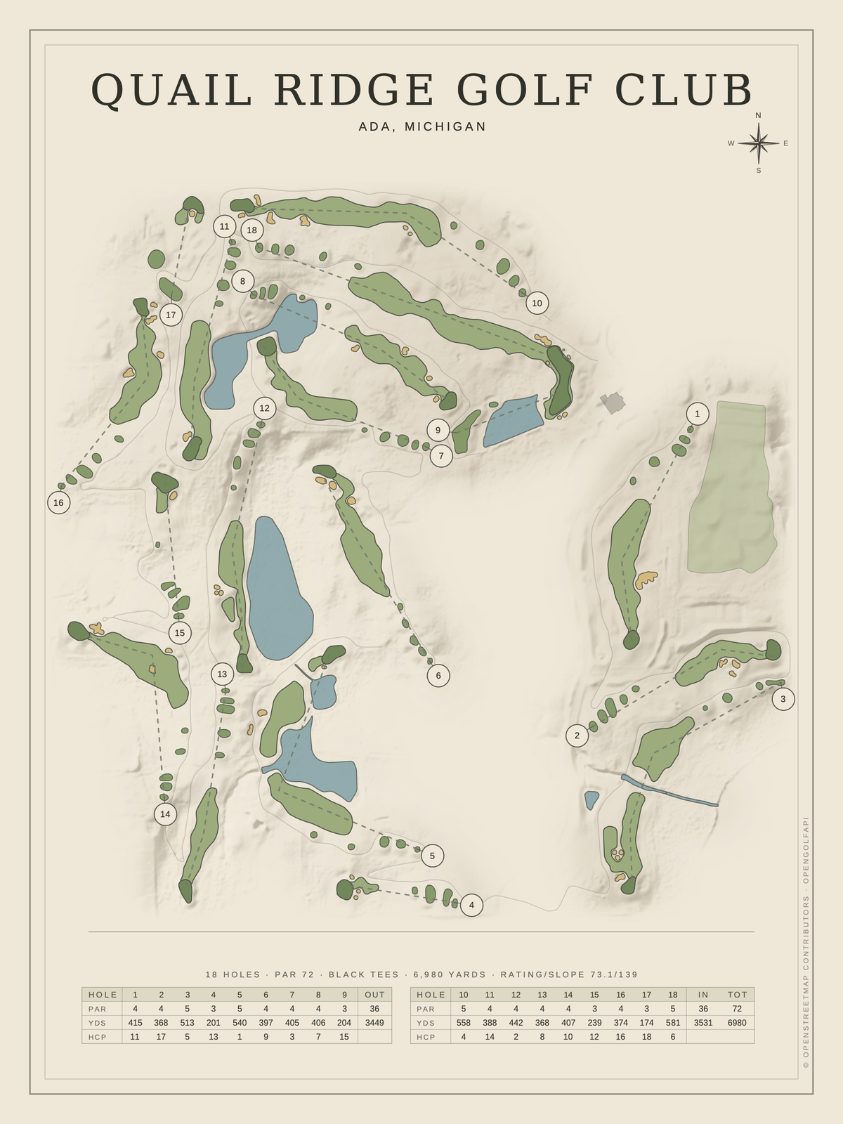 Quail Ridge Golf Club course map poster, Classic style, 12×16 / 18×24