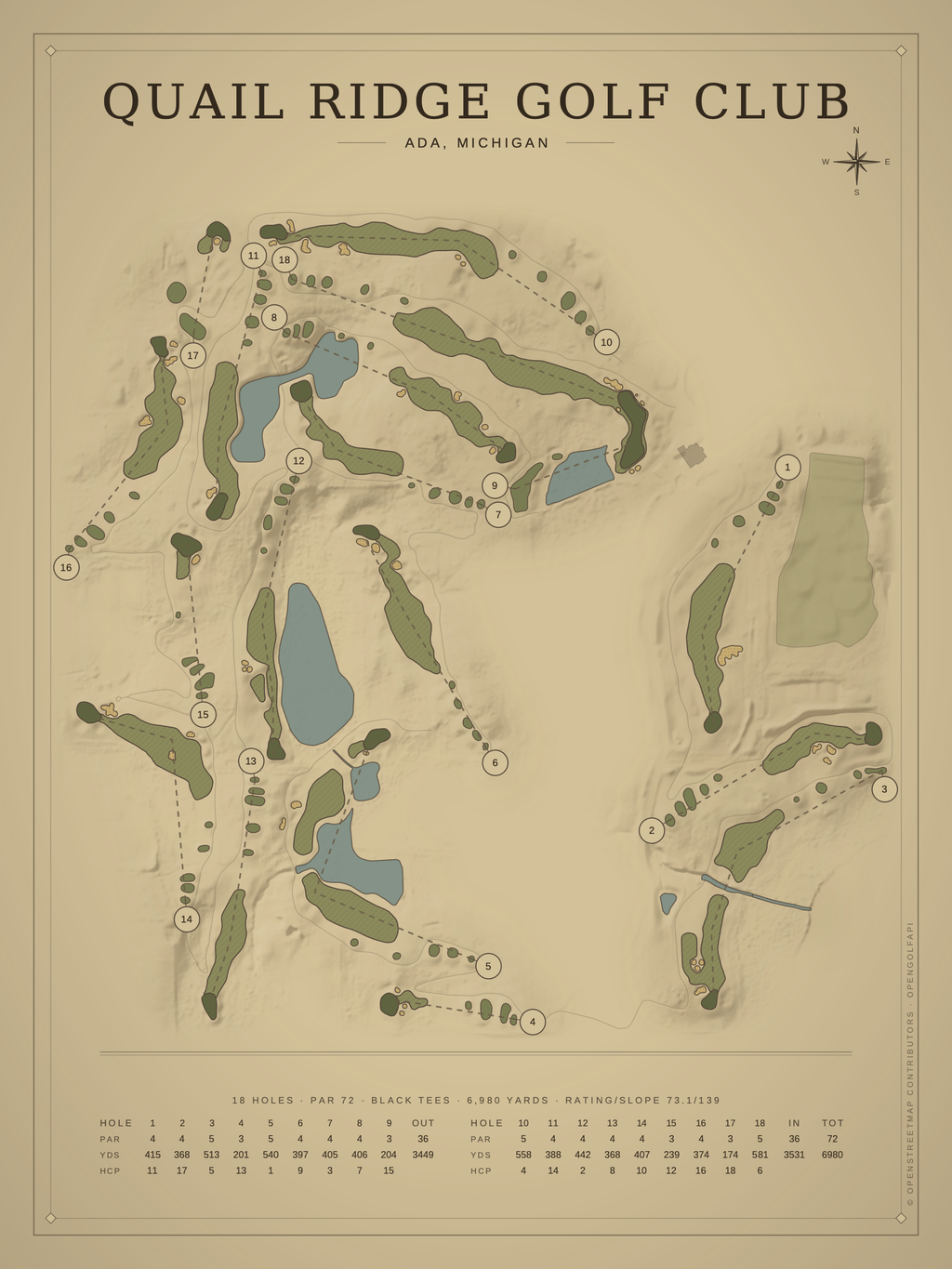 Quail Ridge Golf Club course map poster, Vintage style, 12×16 / 18×24