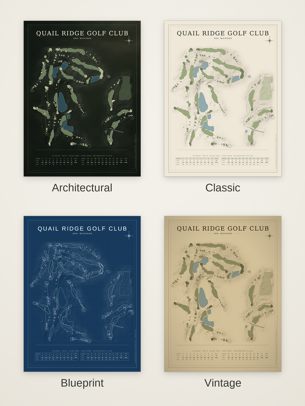 Quail Ridge Golf Club course map poster in four styles: Architectural, Classic, Blueprint and Vintage