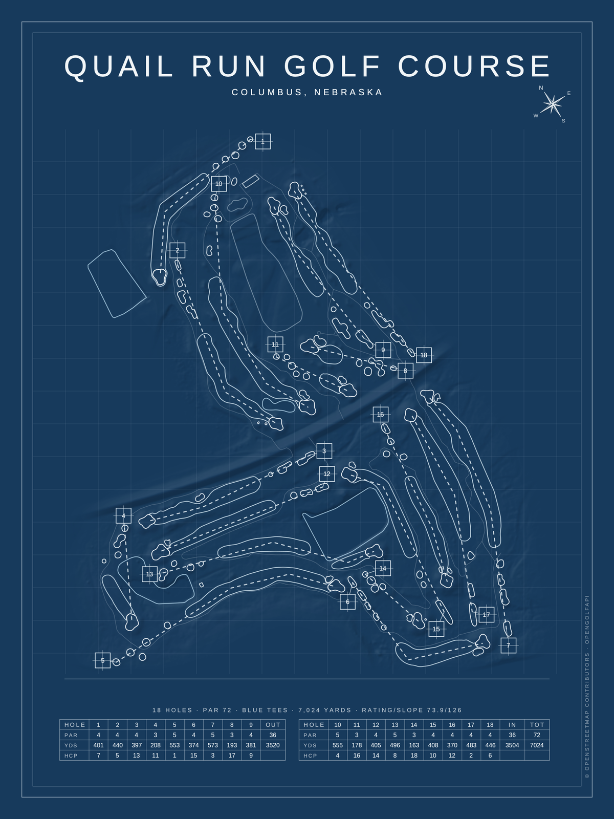 Quail Run Golf Course map poster, Blueprint style, 12×16 / 18×24