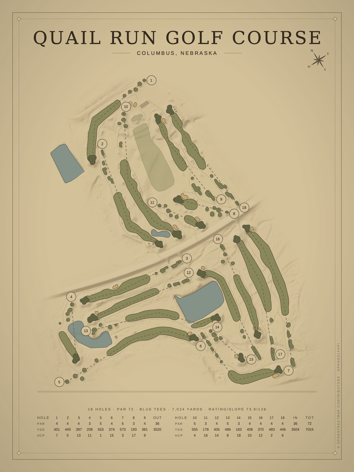 Quail Run Golf Course map poster, Vintage style, 12×16 / 18×24