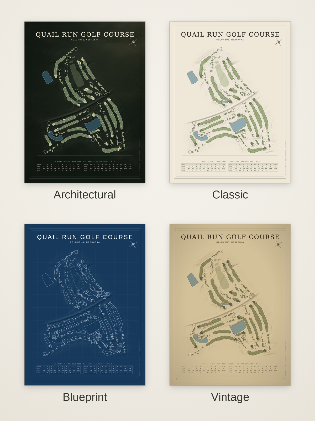 Quail Run Golf Course map poster in four styles: Architectural, Classic, Blueprint and Vintage