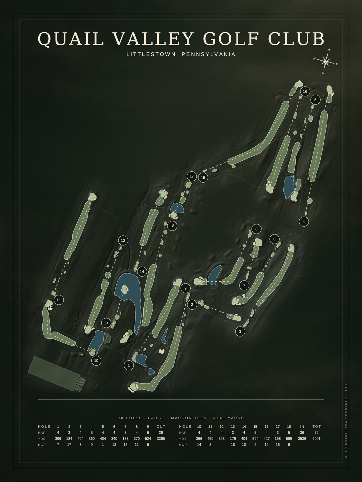 Quail Valley Golf Club (Littlestown) course map poster, Architectural style, 12×16 / 18×24