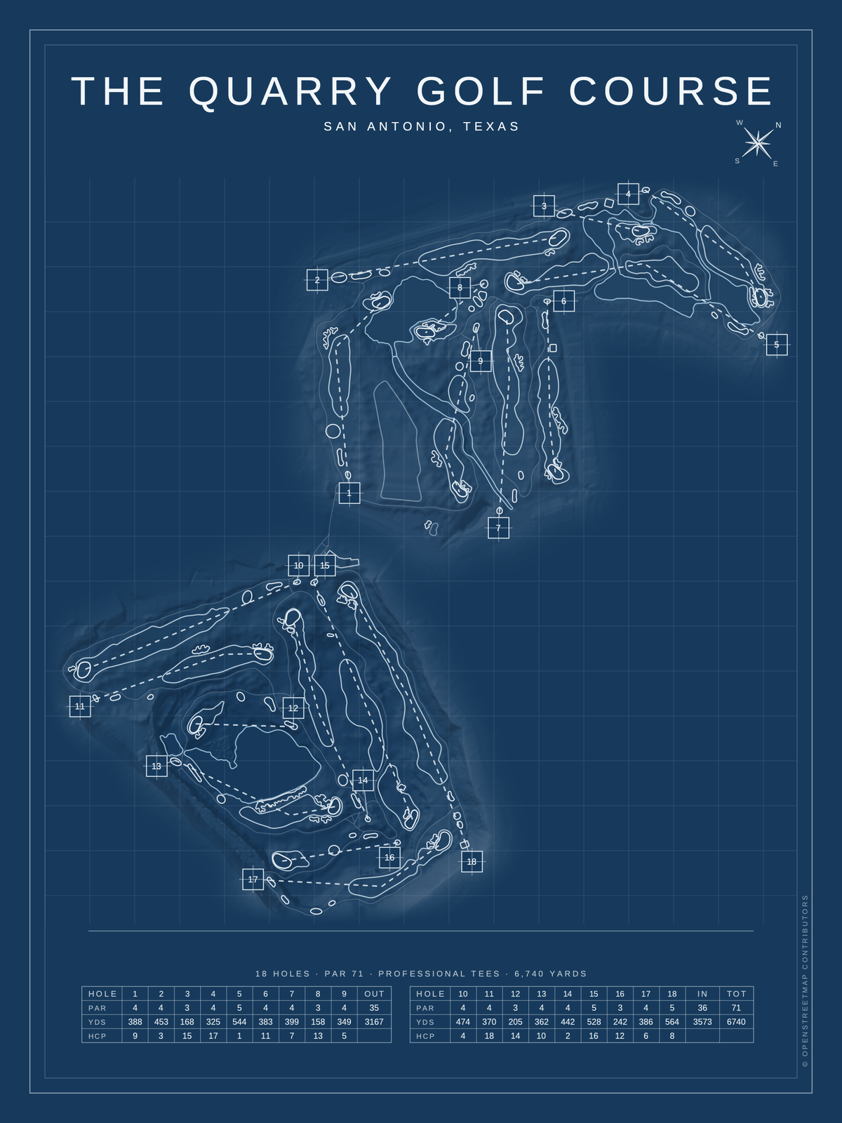 The Quarry Golf Course map poster, Blueprint style, 12×16 / 18×24
