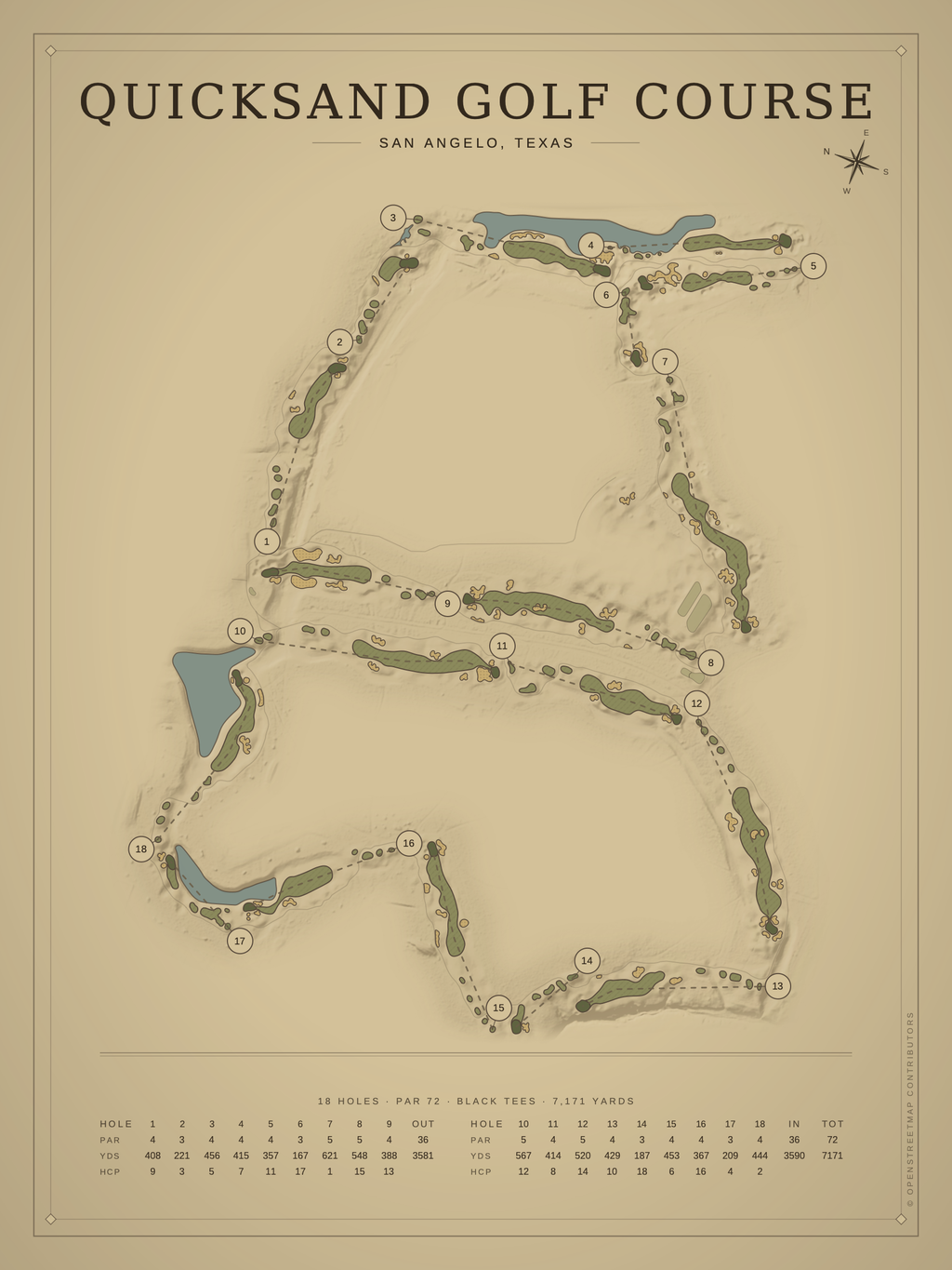 Quicksand Golf Course map poster, Vintage style, 12×16 / 18×24