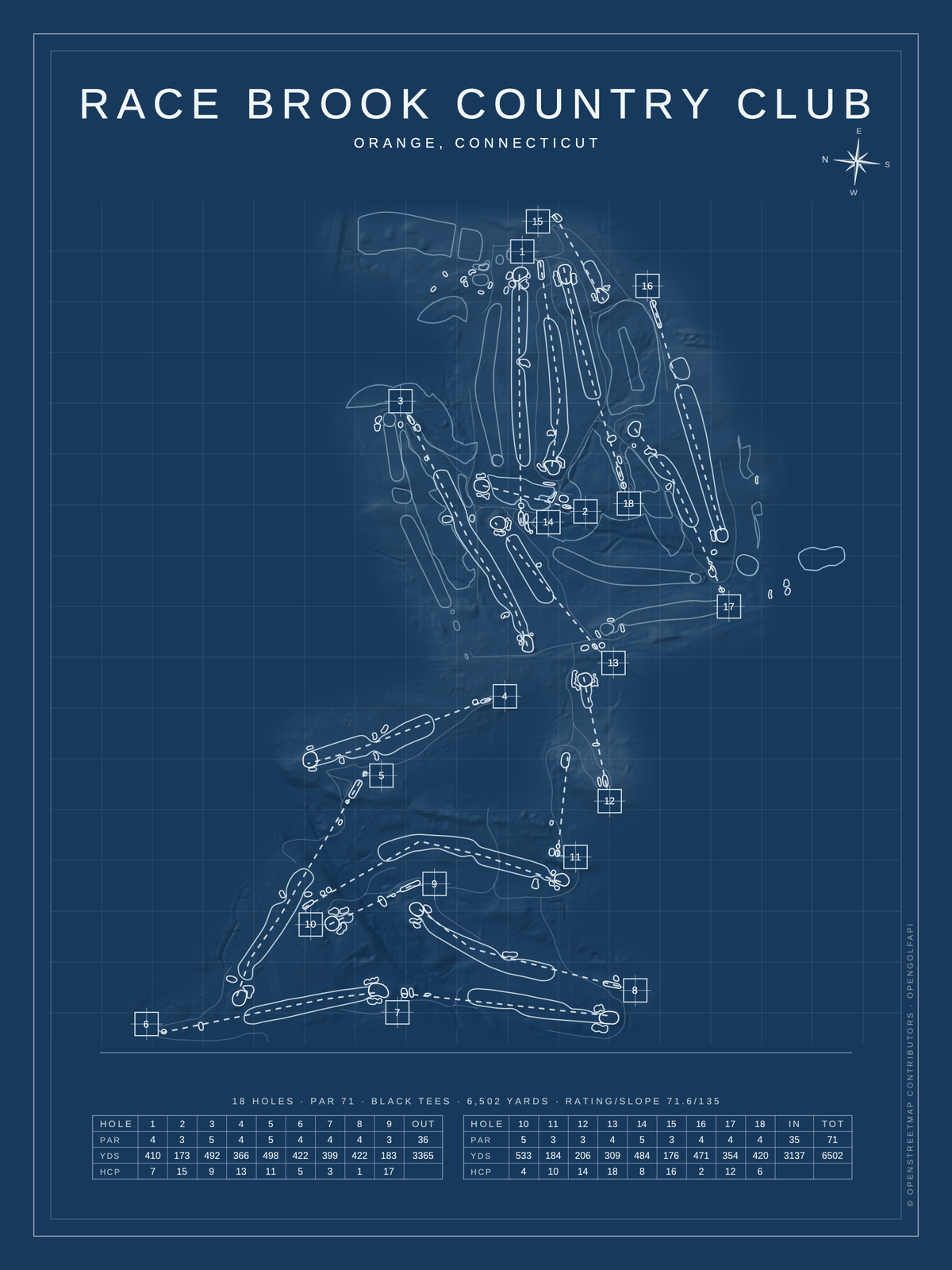 Race Brook Country Club course map poster, Blueprint style, 12×16 / 18×24
