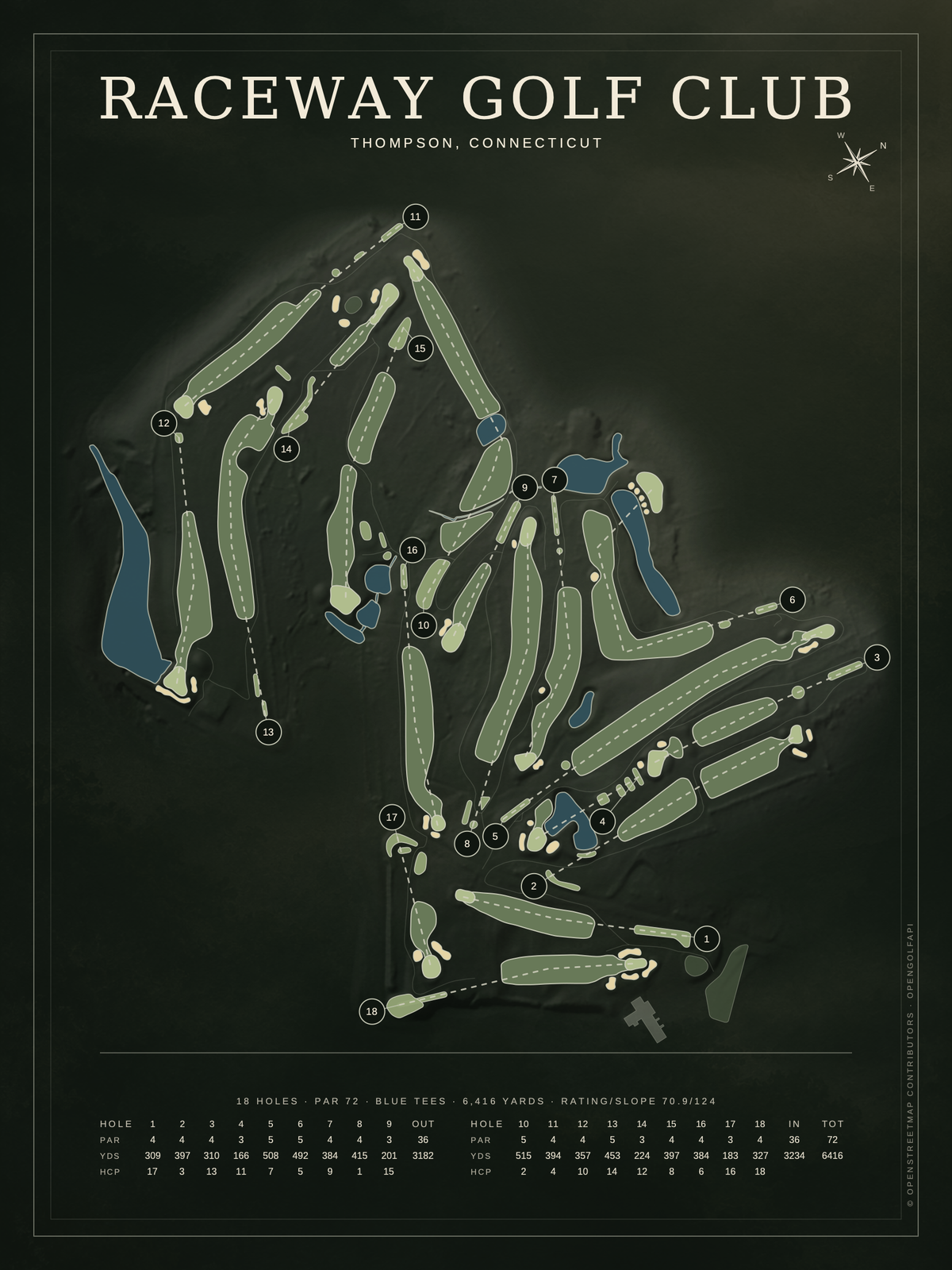 Raceway Golf Club course map poster, Architectural style, 12×16 / 18×24