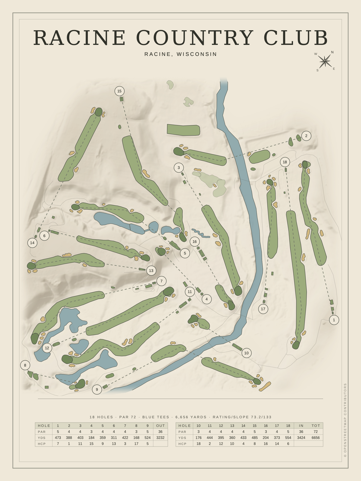 Racine Country Club course map poster, Classic style, 12×16 / 18×24
