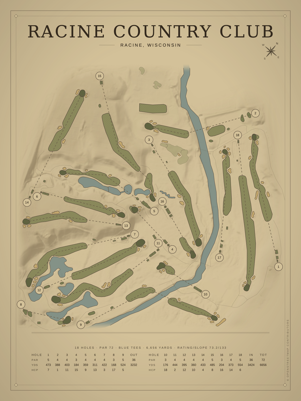 Racine Country Club course map poster, Vintage style, 12×16 / 18×24