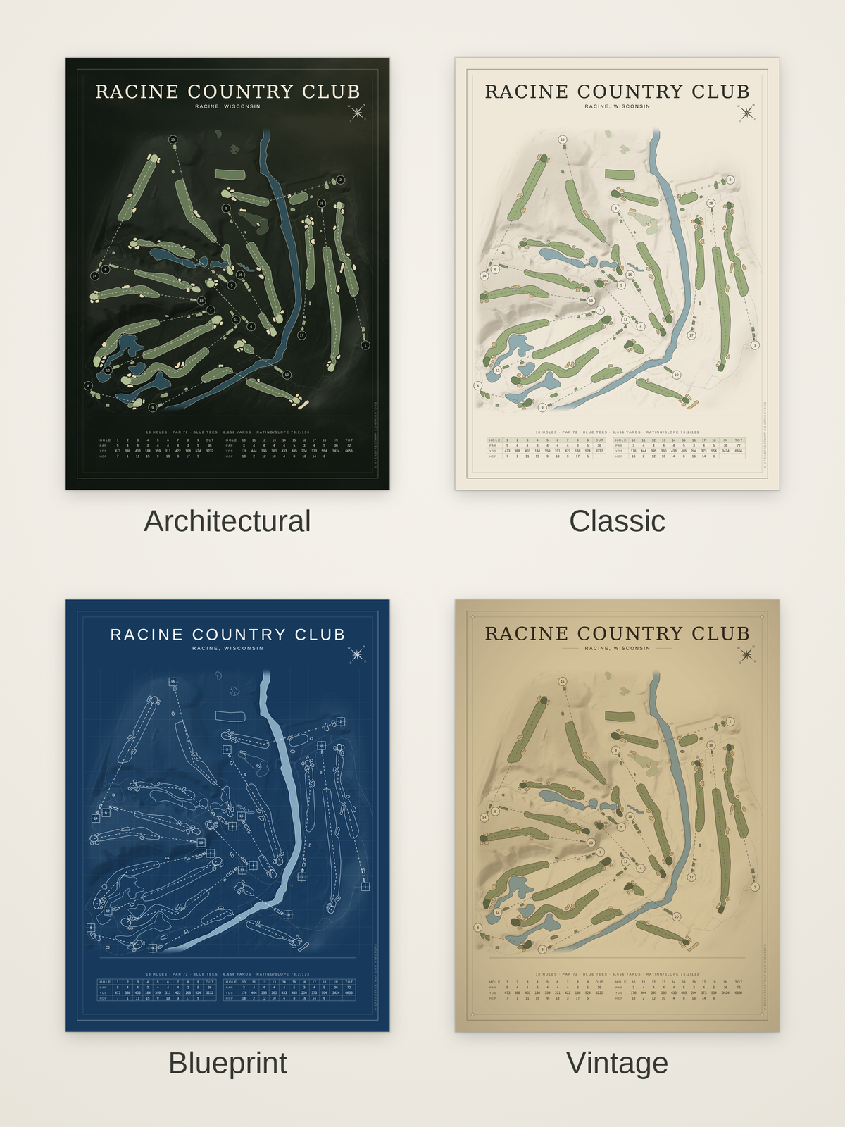 Racine Country Club course map poster in four styles: Architectural, Classic, Blueprint and Vintage