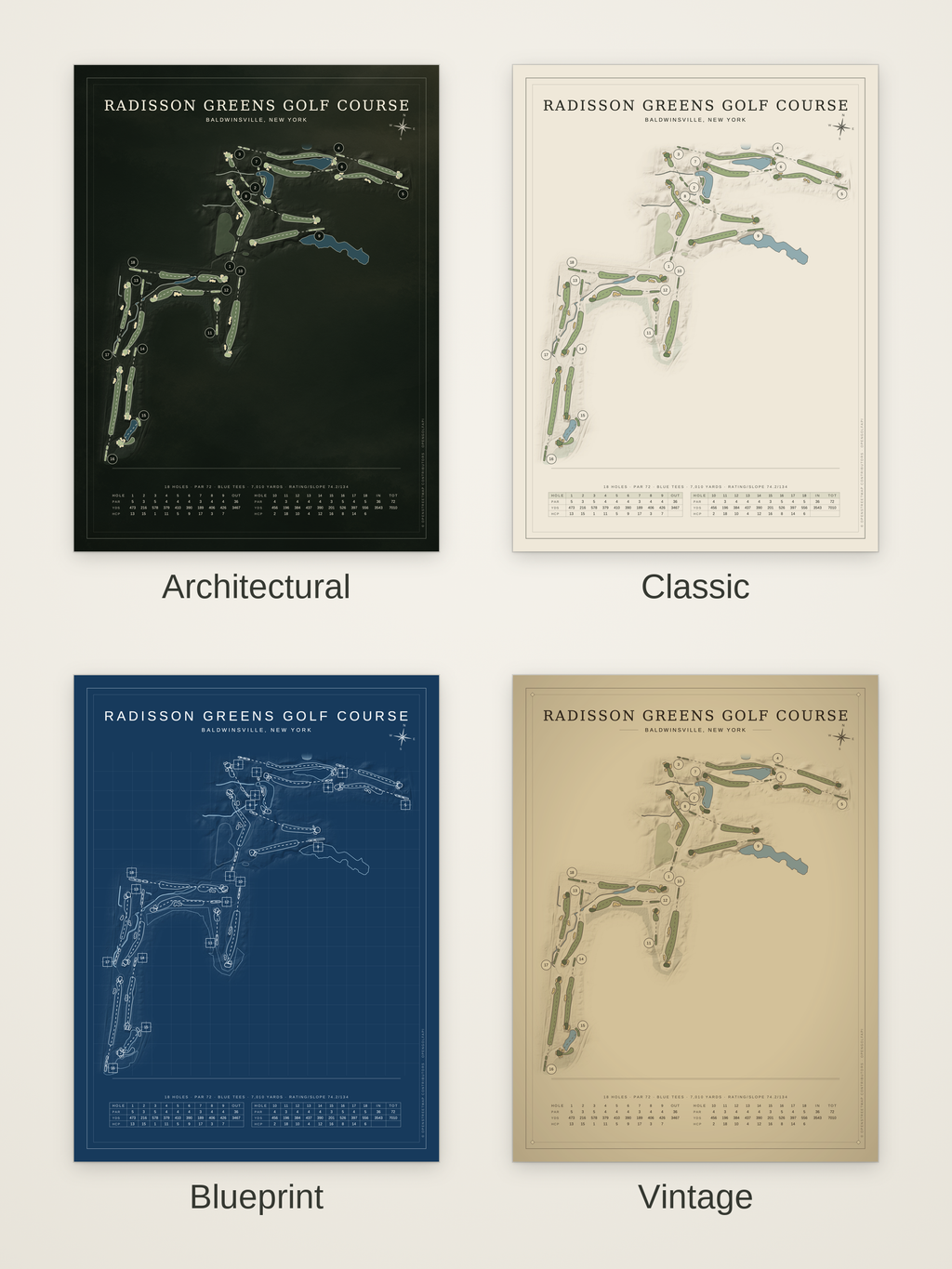Radisson Greens Golf Course map poster in four styles: Architectural, Classic, Blueprint and Vintage