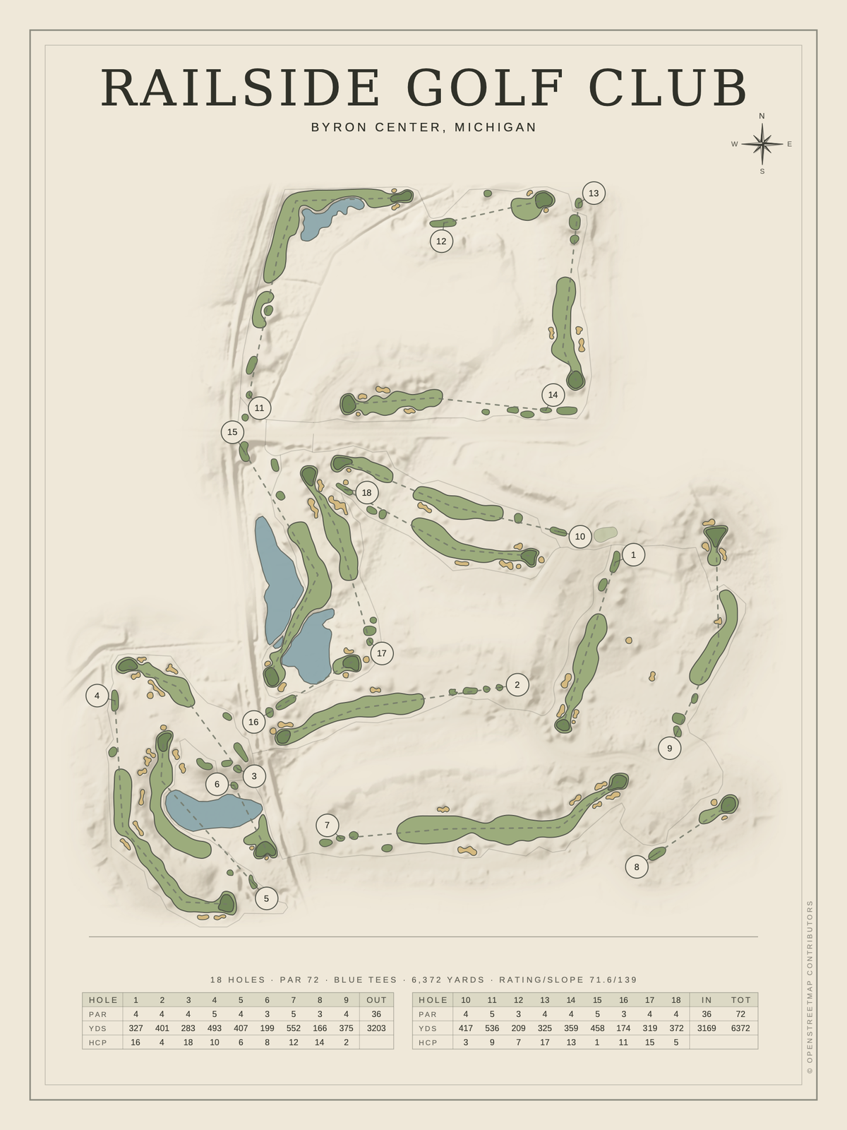 Railside Golf Club course map poster, Classic style, 12×16 / 18×24