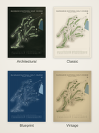 RainDance National Golf Course map poster in four styles: Architectural, Classic, Blueprint and Vintage