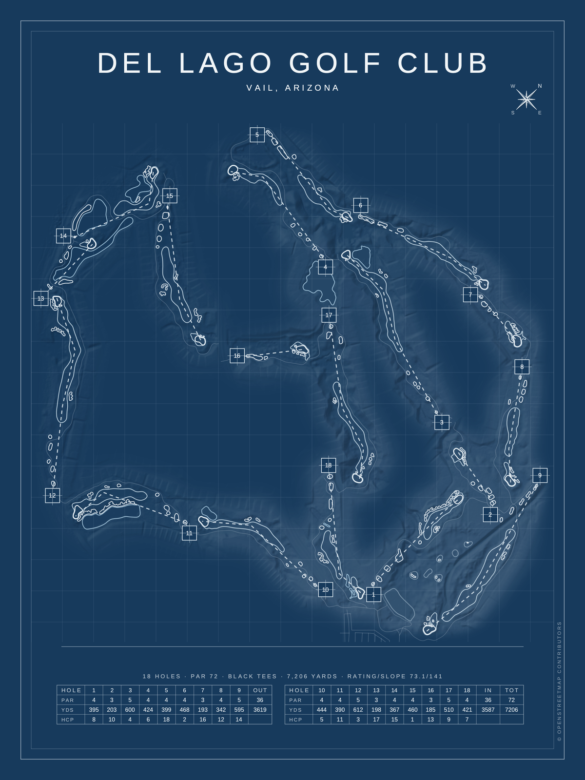 Del Lago Golf Club course map poster, Blueprint style, 12×16 / 18×24