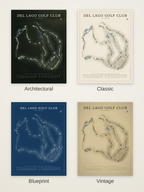 Del Lago Golf Club course map poster in four styles: Architectural, Classic, Blueprint and Vintage
