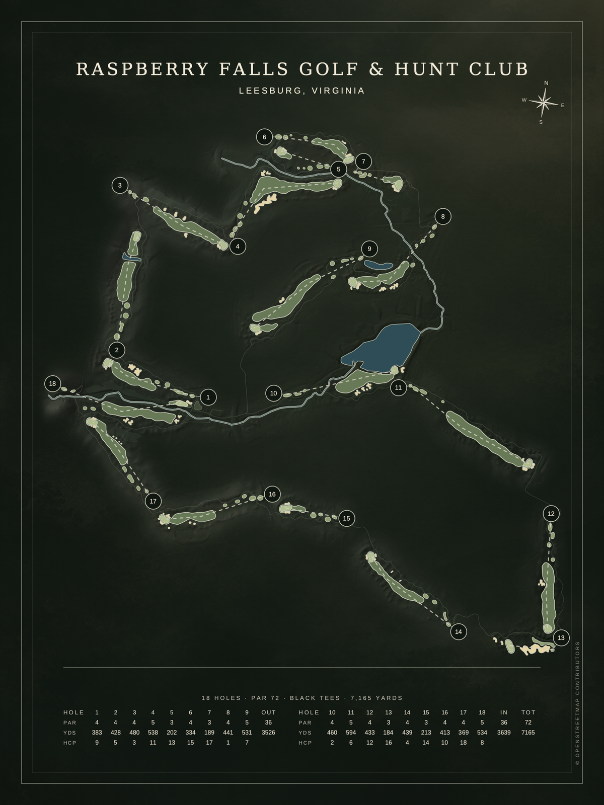 Raspberry Falls Golf & Hunt Club course map poster, Architectural style, 12×16 / 18×24
