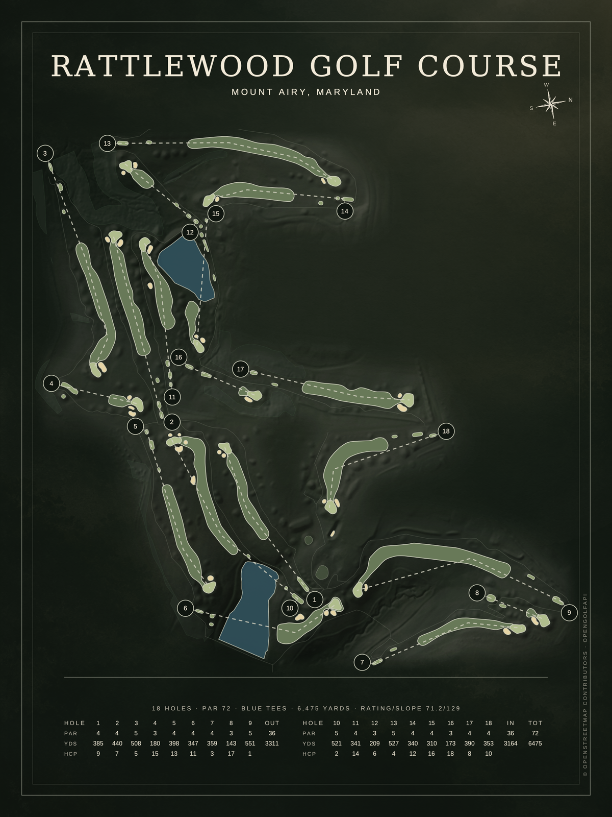 Rattlewood Golf Course map poster, Architectural style, 12×16 / 18×24