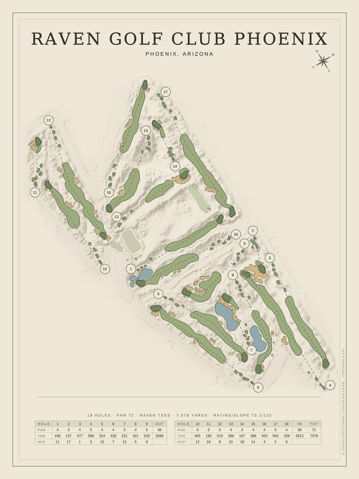 Raven Golf Club Phoenix course map poster, Classic style, 12×16 / 18×24