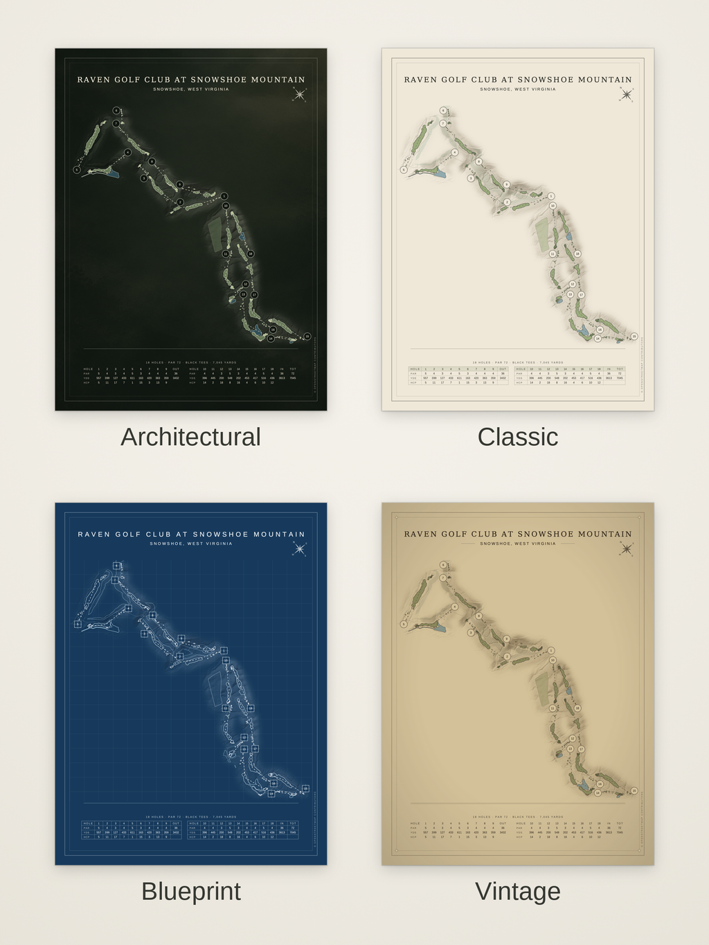 Raven Golf Club at Snowshoe Mountain course map poster in four styles: Architectural, Classic, Blueprint and Vintage