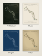 Raven Golf Club at Snowshoe Mountain course map poster in four styles: Architectural, Classic, Blueprint and Vintage