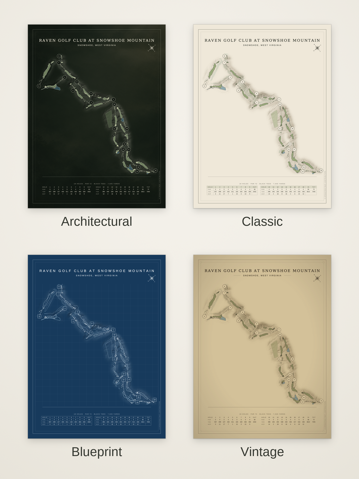 Raven Golf Club at Snowshoe Mountain course map poster in four styles: Architectural, Classic, Blueprint and Vintage