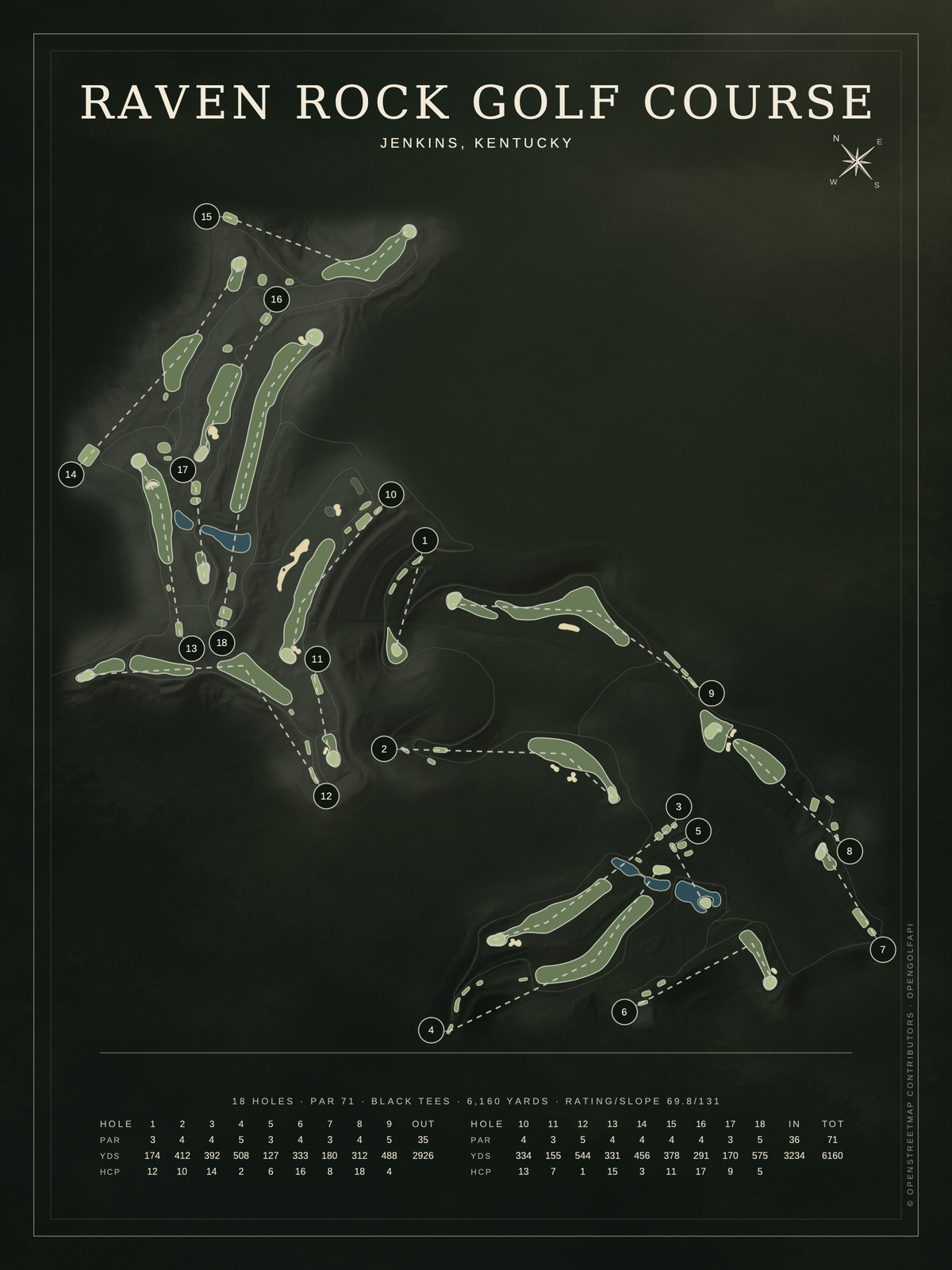 Raven Rock Golf Course map poster, Architectural style, 12×16 / 18×24