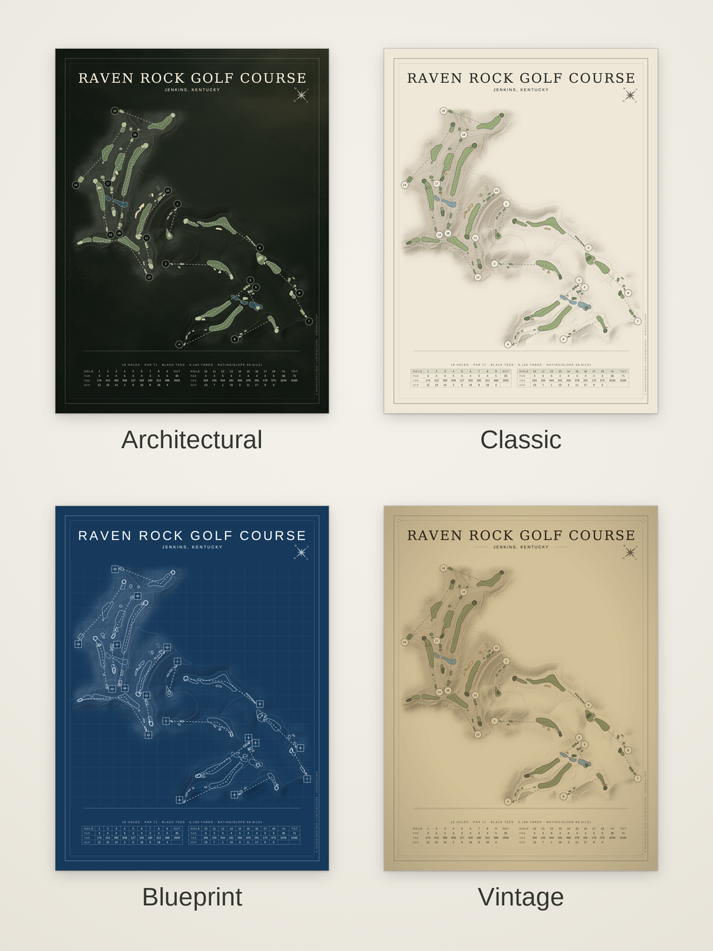 Raven Rock Golf Course map poster in four styles: Architectural, Classic, Blueprint and Vintage