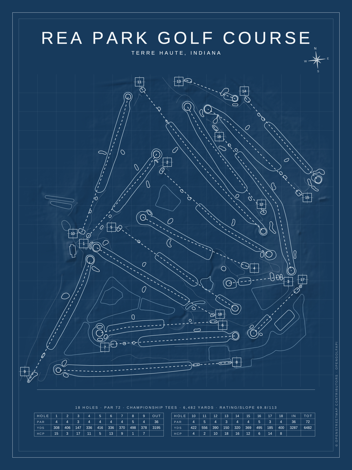Rea Park Golf Course map poster, Blueprint style, 12×16 / 18×24