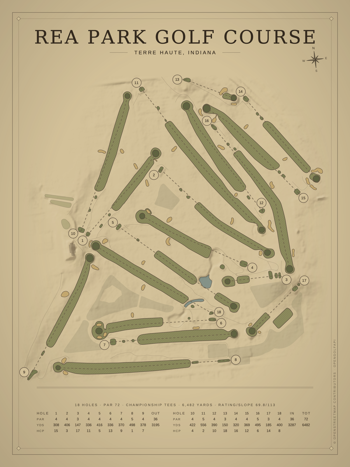 Rea Park Golf Course map poster, Vintage style, 12×16 / 18×24