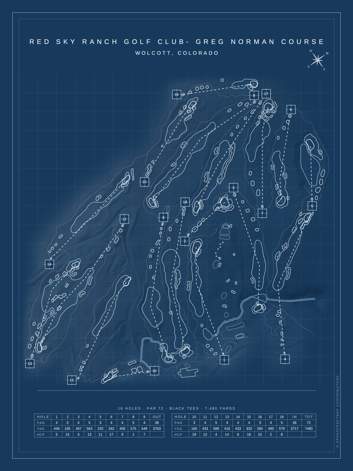 Red Sky Ranch Golf Club- Greg Norman Course map poster, Blueprint style, 12×16 / 18×24