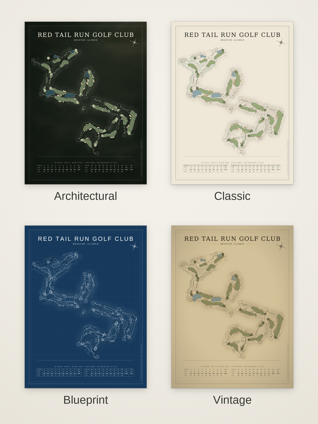 Red Tail Run Golf Club course map poster in four styles: Architectural, Classic, Blueprint and Vintage