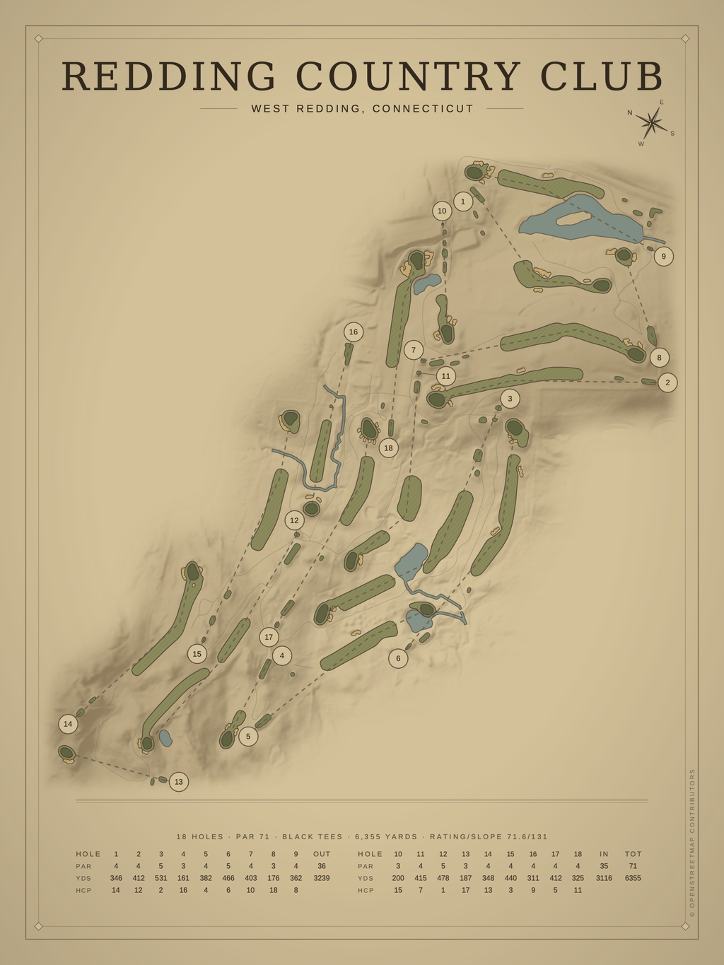 Redding Country Club course map poster, Vintage style, 12×16 / 18×24
