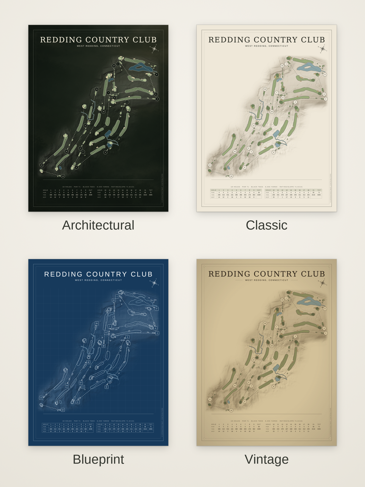Redding Country Club course map poster in four styles: Architectural, Classic, Blueprint and Vintage